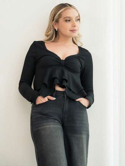 Ximena Robles Ximena Robles Women's Black Sweetheart Neck Long Sleeve T-Shirt, Spring/Summer V-Neck Black Top Black Long Sleeve Top Peplum Black Top Fitted Black Top Cute Top