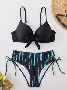 SHEIN Swim Swim Lushoire 2件組成熟熱帶性感女款泳衣，青藍孔雀綠繫帶式比基尼上衣搭配植物印花短褲套裝，夏季海灘適用 - 黑色 - 查看 3