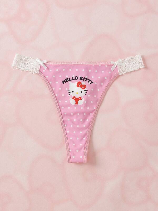 HELLO KITTY AND FRIENDS | SHEIN Women's Lace Trim Polka Dot Cartoon Print Casual Daily Thong