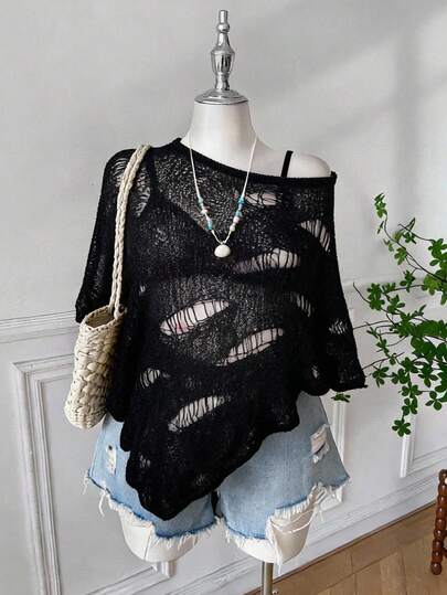 CovetEZ Áo len chui đầu dệt kim khoét rỗng vai bất đối xứng size lớn