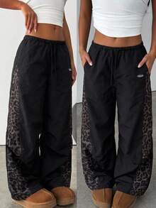 SHEIN Tween Girls Spring And Summer Concert Streetwear Color-Blocked Parachute Pants - Black - View 3