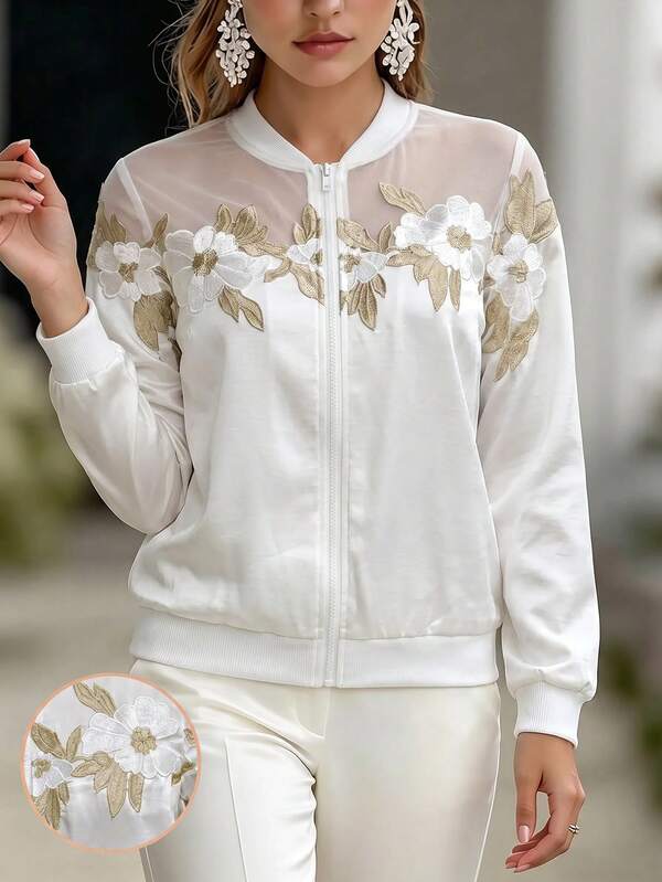 Editum Chaqueta elegante de mujer con patrón floral bordado, cuello de béisbol, cremallera, manga larga, estilo casual diario, abrigo de coche de brocado para otoño, para té de la tarde y cafetería, blanco