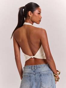 SHEIN BAE 女款針織素色米色休閒通勤掛脖露背扭結性感實用背心 T-shirt 寬鬆度假夏季款 - 杏色 - 查看 3