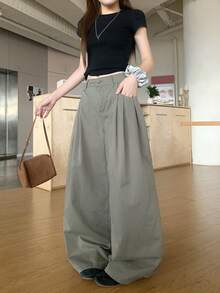 DAZY Women's Casual Loose Wide Leg Curved Hem Jeans - Army Green - View 5
