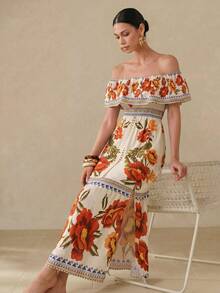 Swim Oasis Elegant Fashionable Unique Design Vacation Dress With High Slit, Off-The-Shoulder Square Neckline, Comfortable Skin-Friendly Full Skirt For Women - Multicolor - View 5