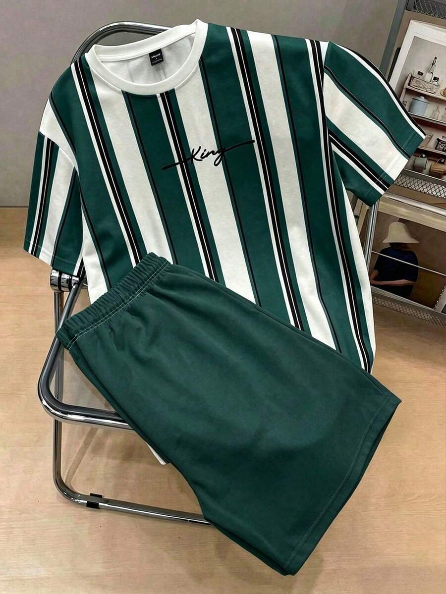 青少年男孩休閒簡約短袖圓領T恤與短褲套裝,適合夏季 - 彩色 - 查看 1