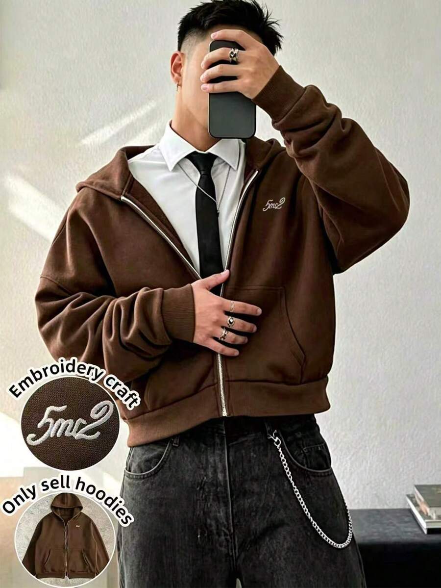 Resyla Men Men's Casual Numeric Embroidery Hoodie, Autumn/Winter, Long Sleeve Top - Rust Brown - View 1