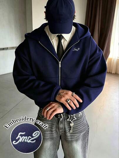 Resyla Men Sudadera con capucha casual de hombre con bordado de letras y cremallera, otoño