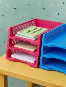 Joivida 3Pcs Stackable A4 Plastic File Trays, Multi-Layer Large Capacity Document Organizer, Sturdy Drop-Resistant Desktop Paper Storage Rack, Space-Saving Stackable Design, 4 Fresh Colors Available Blue Red Yellow Green For Office Desk Home Use - multicolor - View 4