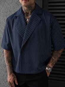 SLATEMANN 男士百搭條紋領鈕扣短袖襯衫 商務風 - 藏蓝色 - 查看 3