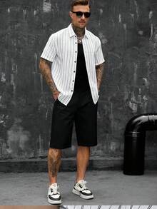SLATEMANN Men's White Vintage Textured Linen-Like Vertical Stripe Casual Business Commute Versatile Short Sleeve Shirt, Summer - White - View 7