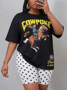 Slaydiva Plus Size Women's Letter & Character Print Short Sleeve T-Shirt And Polka Dot Print Base Shorts Set - Black and White - View 2