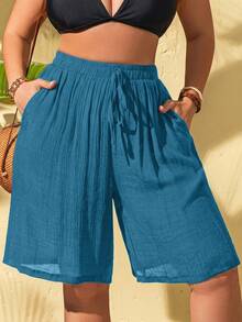 Slaydiva Shorts de cobertura para mujer talla grande de unicolor con cintura con cordón y bolsillos - Azul - Ver 4