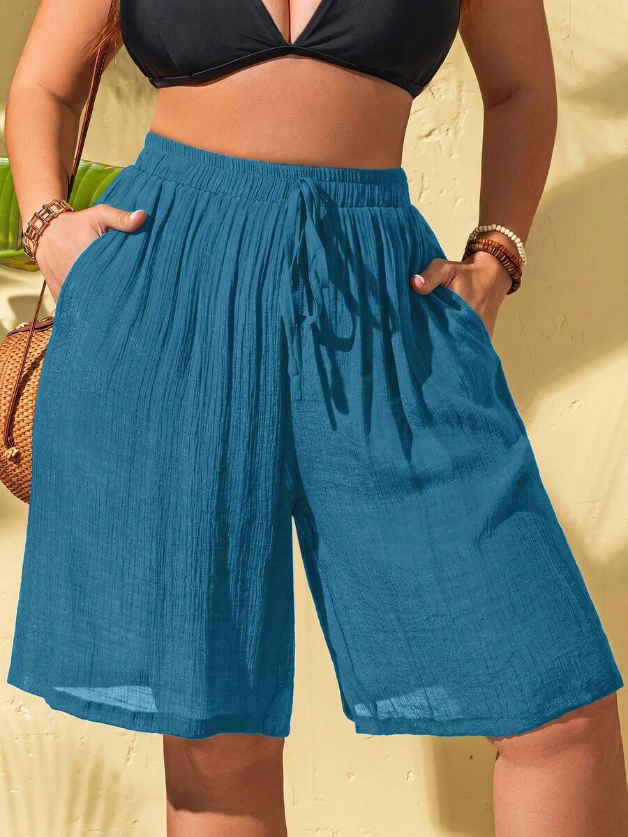 Slaydiva Plus Size Women Solid Color Drawstring Waist Pocket Cover-Up Shorts - Blue - View 1