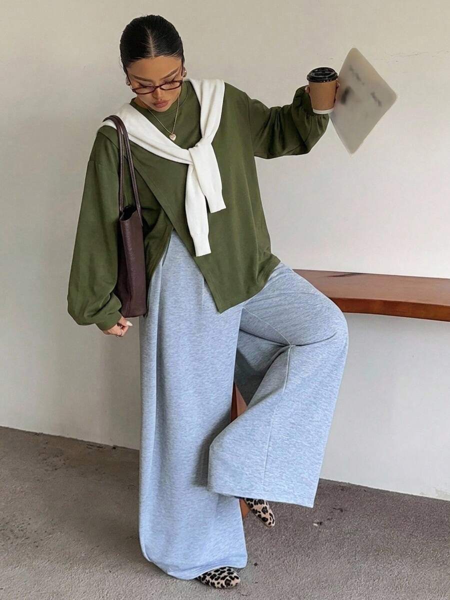 Dazy Plus White Round Neck Solid Color Casual Versatile Side Slit Design Long Sleeve T-Shirt For Spring Summer Plus Size Autumn Oversized T Shirts For Women - Army Green - View 1