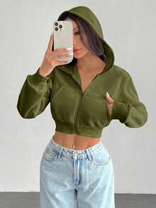 SHEIN PETITE 女款純色前拉鍊長袖口袋上衣 - 軍綠色 - 查看 3