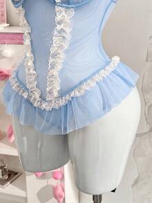 SHEIN 粉色網紗蕾絲飾邊浪漫柔美連身褲 - 淺藍色 - 查看 3