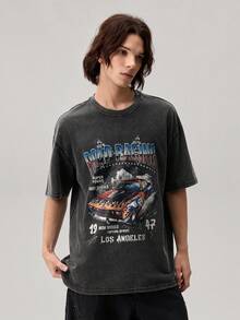 Vaulklash Men Summer Casual Short Sleeve T-Shirt With Letter & Car Graphic Print, For Friends - Dark Grey - View 5