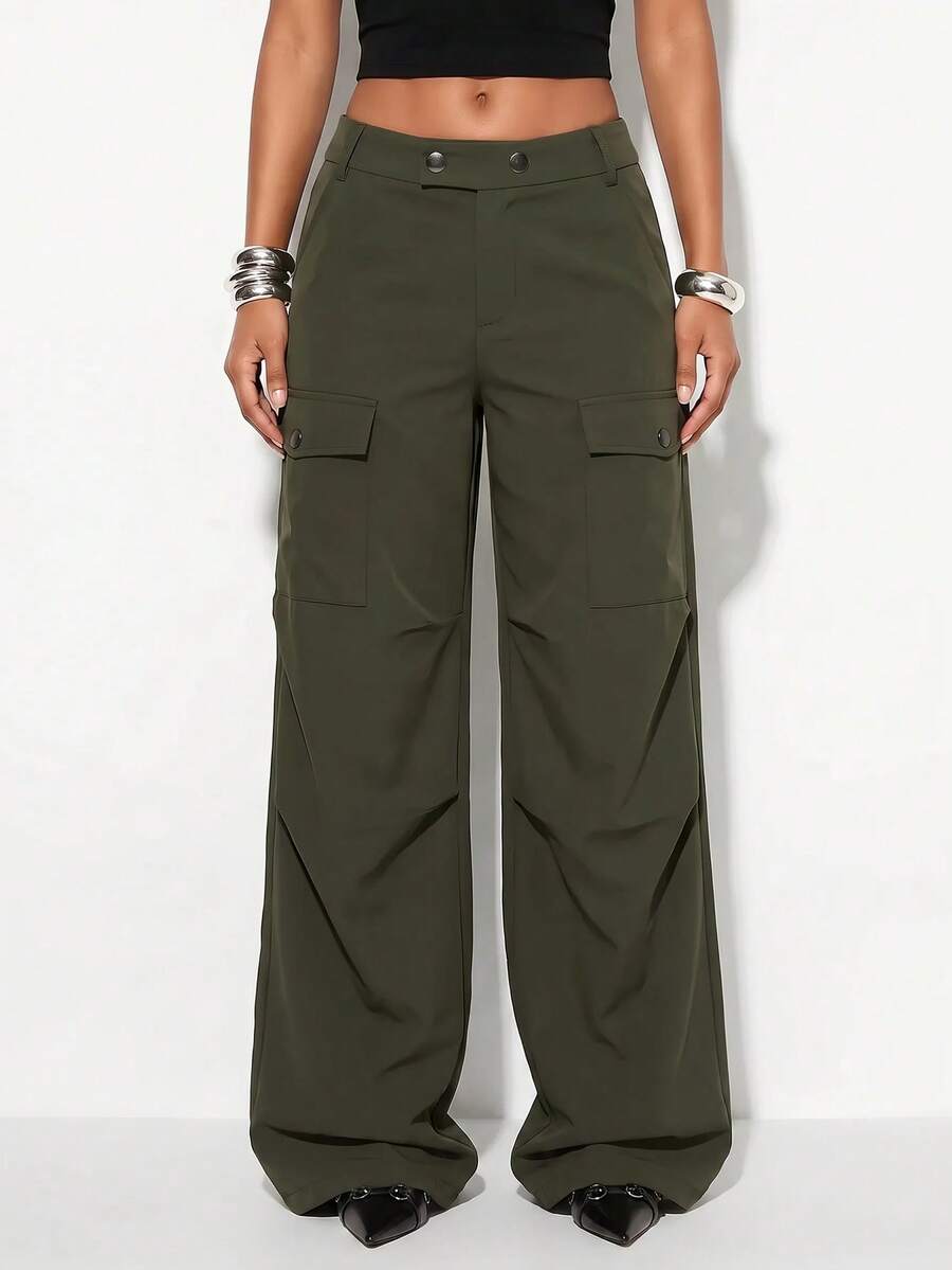 Normani Women's Solid Color Wide Leg Loose Casual Cargo Pants Work Everyday Date Olive Green Summer - Army Green - View 1