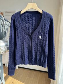 Comfortcana Plus Size Women's Equestrian Pattern Long Sleeve Single-Breasted Casual Knit Cardigan Winter - Navy Blue - View 1