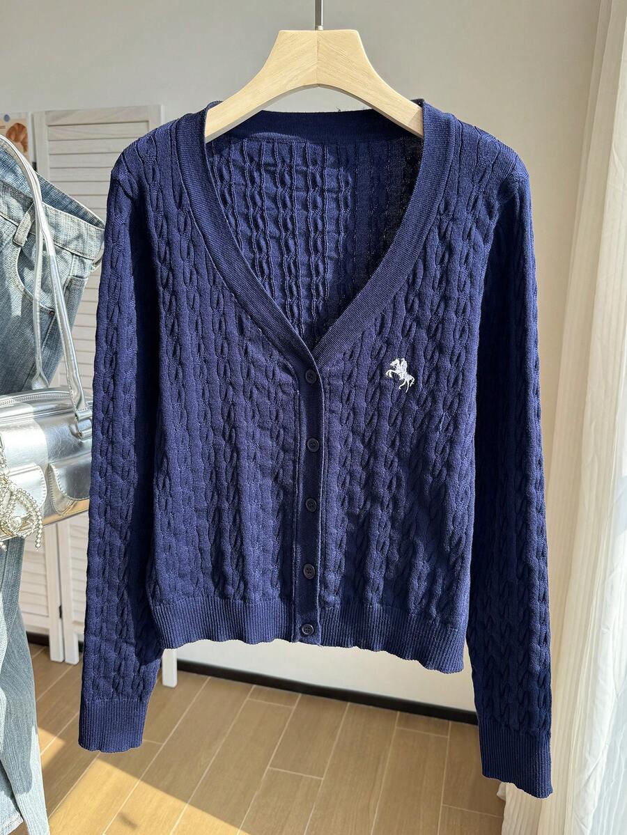 Comfortcana Plus Size Women's Equestrian Pattern Long Sleeve Single-Breasted Casual Knit Cardigan Winter - Navy Blue - View 1