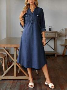 EMERY ROSE Của phụ nữ Cổ áo có khía Đã bỏ túi Giải trí Đầm Denim - Rửa tối - Xem 2