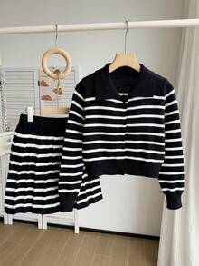 SHEIN Girls' Autumn/Winter Fashion Striped Knit Sweater Long Sleeve Cardigan & Black Skirt Set Pullover - Black - View 4