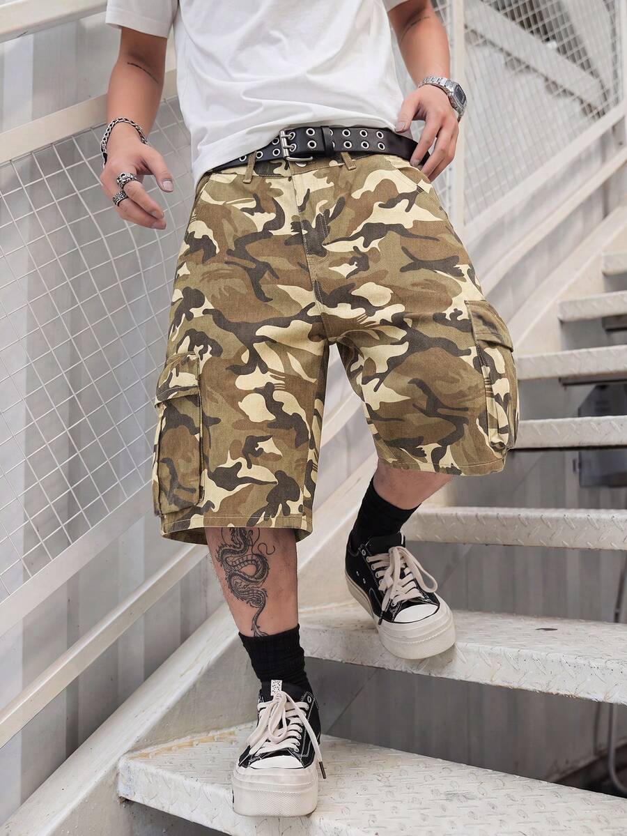 Manfinity Hypemode 迷彩水印工裝寬腿男士短褲,度假風 - 軍綠色 - 查看 1