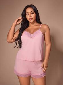 Lazeform Plus Size Solid Color Soft Lace Pajama Set, Women's Home Wear Camisole Long Sleeve Tie-Front Robe 4-Piece Set - Pink - View 5