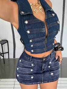 SHEIN ICON Plus Size Women's Button Design Military Style Mini Denim Skirt - Blue - View 1