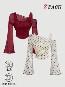 SHEIN MOD 女款 2 件組 素色與波點不對稱單肩 T-shirt - 彩色 - 查看 3