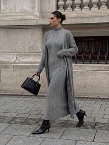 Women's Solid Color Dropped Shoulder Long Sleeve Long Cardigan And Stand Collar Knit Dress Set - Grey - View 4