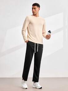 Driftmere Men's Minimalist Fashionable Ribbed Knit Tee, For Fall, Long Sleeve Top - Apricot - View 3