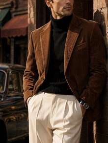 Calvornis Men's Solid Color Lapel Neck Long Sleeve Casual Corduroy Blazer, Formal - Brown - View 1
