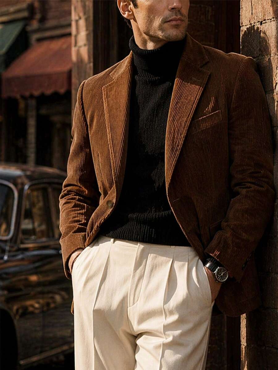 Calvornis Men's Solid Color Lapel Neck Long Sleeve Casual Corduroy Blazer, Formal - Brown - View 1