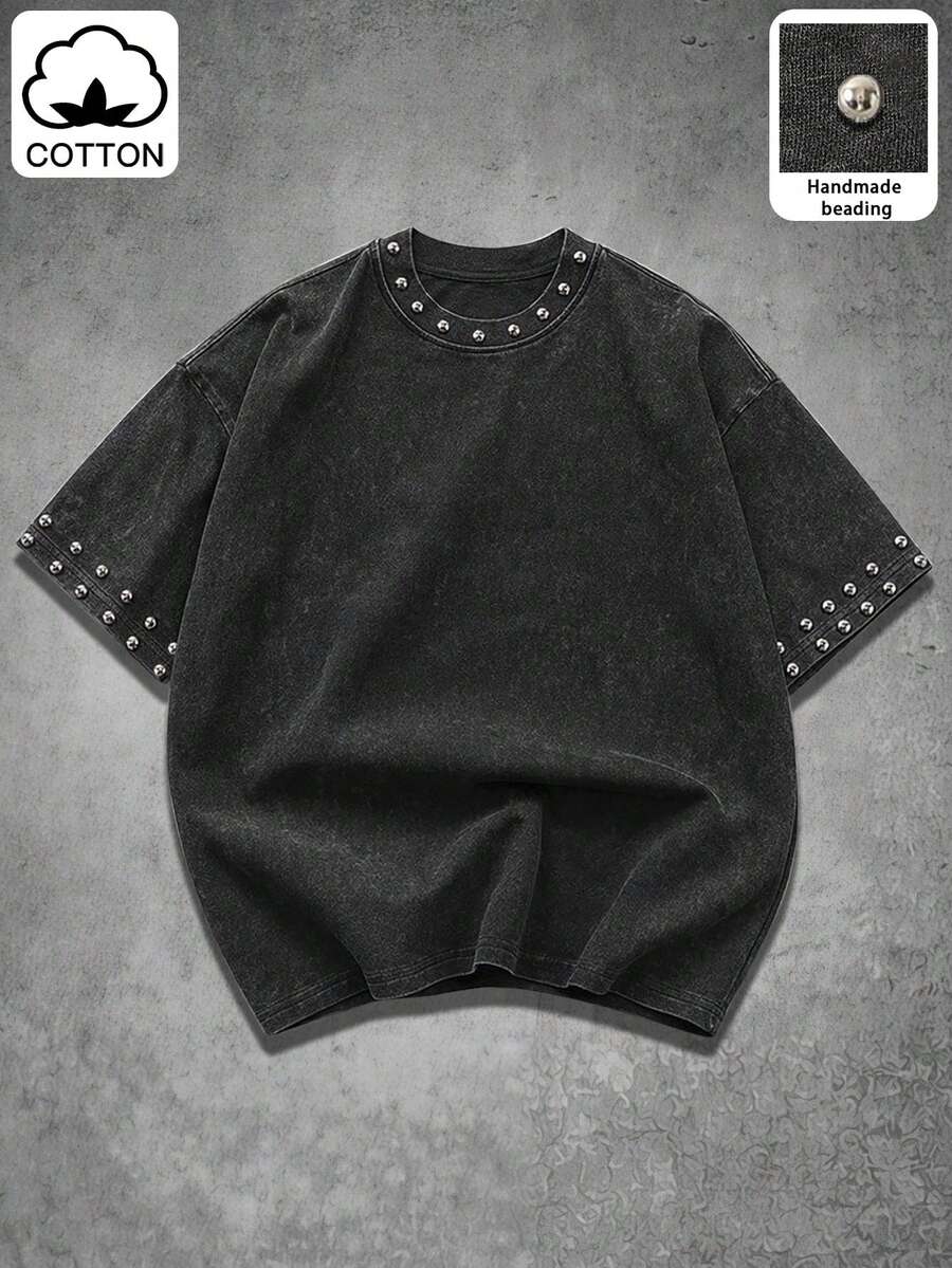 Manfinity EMRG Kaos Pria Kasual Sehari-hari Gaya INS Remaja Street Vintage Distressed Washed - Hitam - View 1