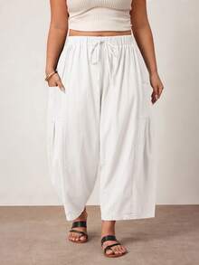 Enliva Plus Size Loose Fit Drawstring Casual Cropped Pants Fall - White - View 7