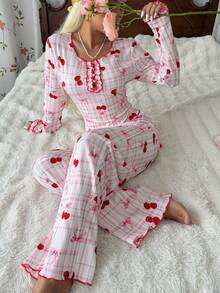 CottageSlumber Women's Plaid Cherry Bow Print Frill Trim Round Neck Long Sleeve Pants Pajama Set - Pink - View 3