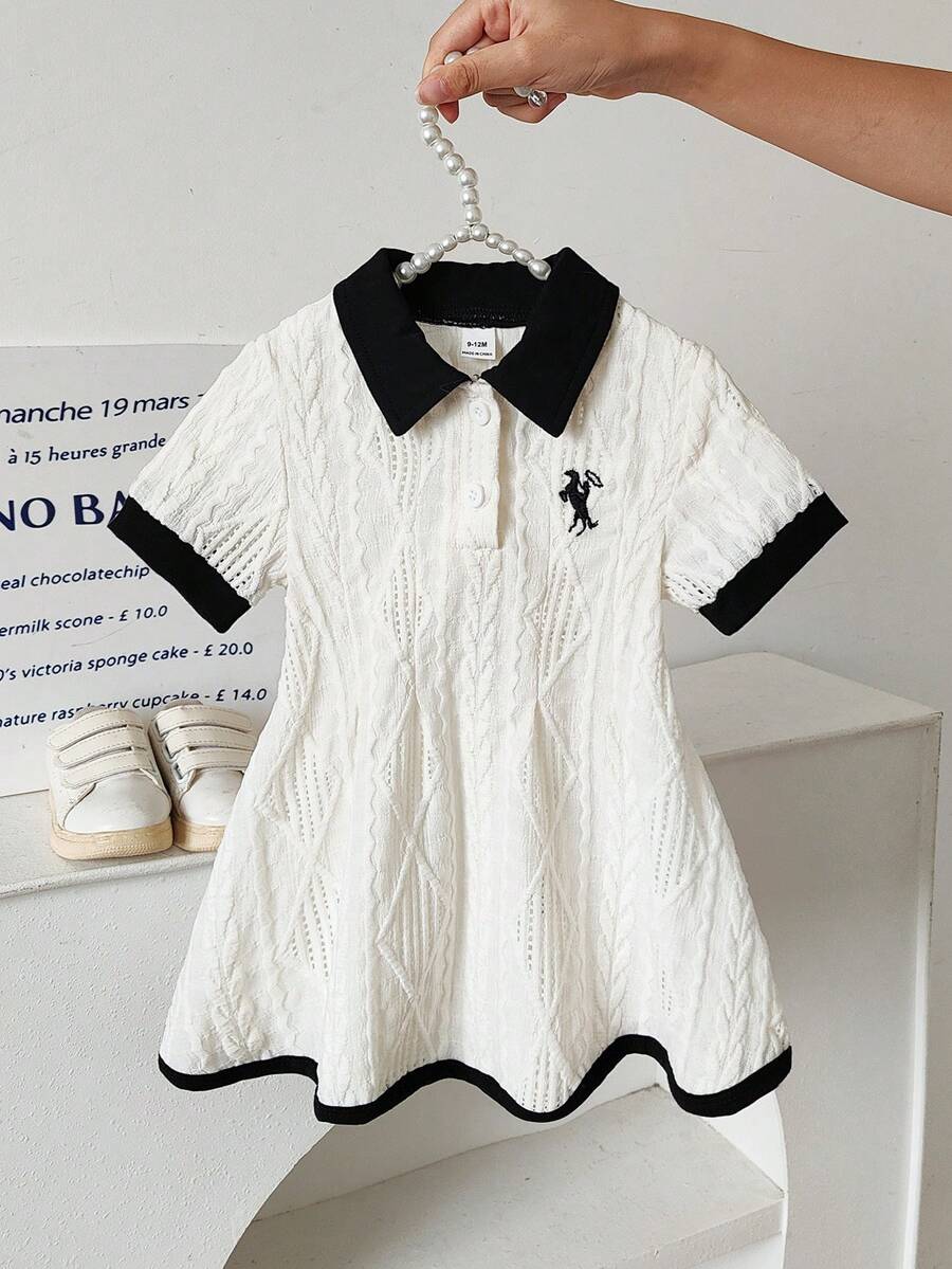SHEIN 女嬰白色休閒洋裝 1件,羅紋領口、羅紋袖口,休閒戶外款,適合運動與派對 - 黑與白 - 查看 1