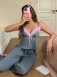 SweetSlumber Women's Sweet INS Contrast Color Lace Patchwork Comfortable Slimming Knit Pink Pajama Set - Grey - View 3