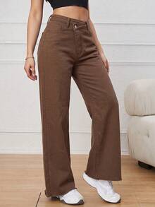 SHEIN ICON 女款不對稱腰頭口袋休閒牛仔褲 - 棕色 - 查看 3