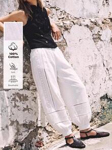 Maija 白色刺繡女款長褲，夏季燈籠褲腿附口袋，寬鬆舒適都會休閒風 - 白色 - 查看 4