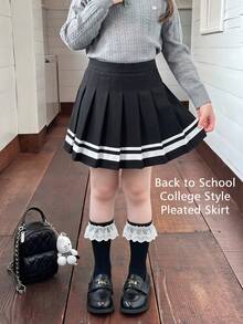 少女時尚百搭編織素色百褶修身休閒裙 - 黑色 - 查看 1
