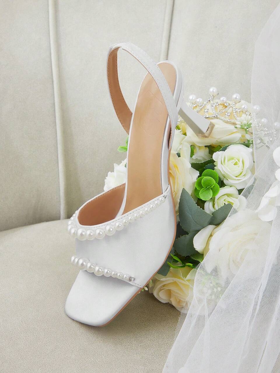 CUCCOO HITCHD White Satin Pearl Square Toe Sandals, French Stiletto With Fairy Style High Heels