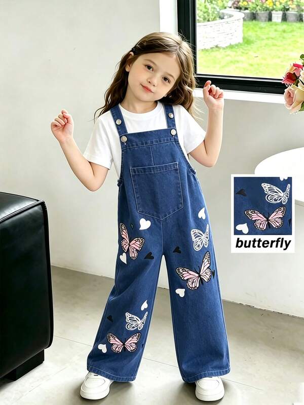 Elladie kids 年轻女孩可爱卡通蝴蝶印花牛仔背带裤，夏季休闲时尚