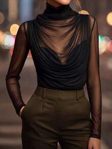 Editum Women's Sexy Sheer Long Sleeve High Neck Top, Elastic Mesh Ruched Design, Suitable For Evening Night Out, Date, Work And Daily Wear, Black Autumn// - Black - View 5