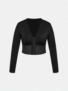 SHAPORA 1pc Plus Size Long Sleeve Lace Cuff Wide Hem Shaping Top - Black - View 1