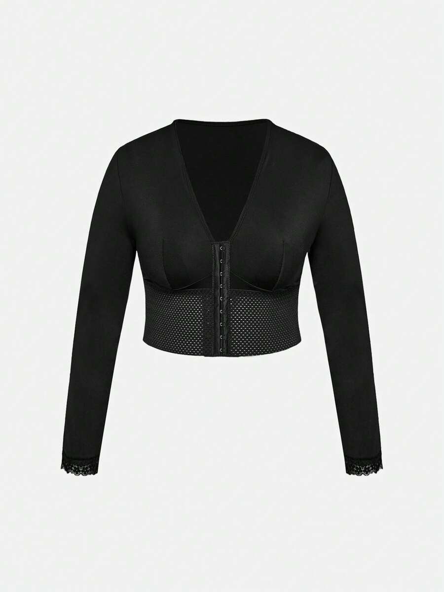 SHAPORA 1pc Plus Size Long Sleeve Lace Cuff Wide Hem Shaping Top - Black - View 1