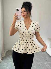 Elenzga Women's Polka Dot Pattern Waist Gathered Short Petal Sleeve Denim Top - Blue - View 7
