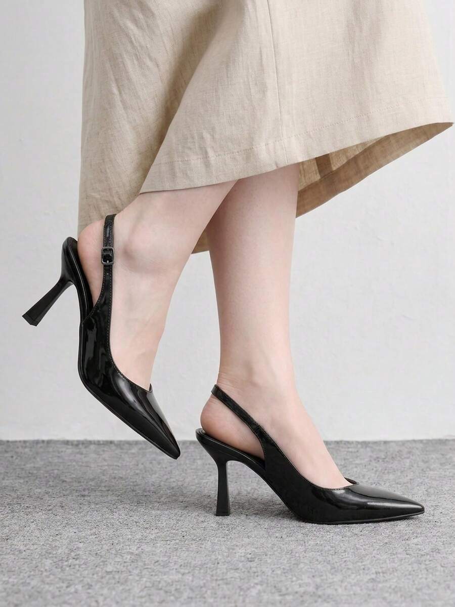 CUCCOO BIZCHIC 女款新款黑色鏡面尖頭細跟高跟後扣鞋,簡約時尚優雅性感,適合派對、通勤與上班穿著 - 黑鏡 - 查看 1